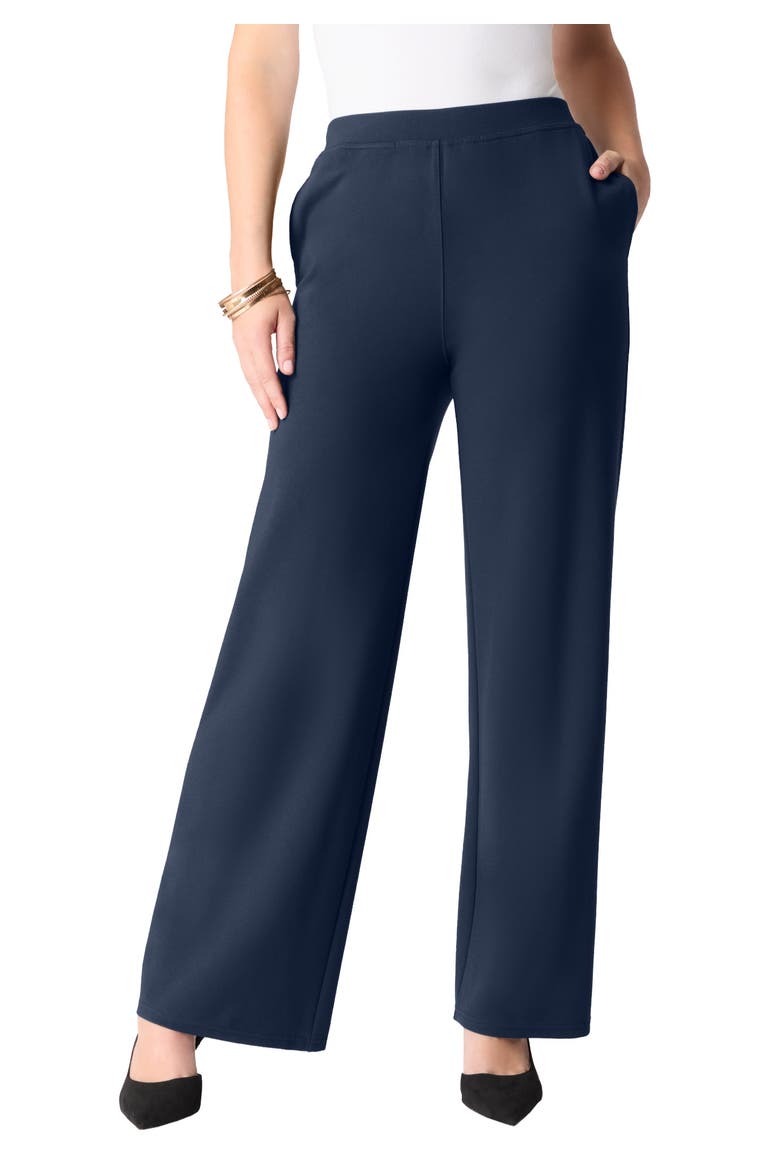 Plus Size Ponte Wide Leg Pant With Pockets And Pull On Elastic Waist, Main, color, NAVY