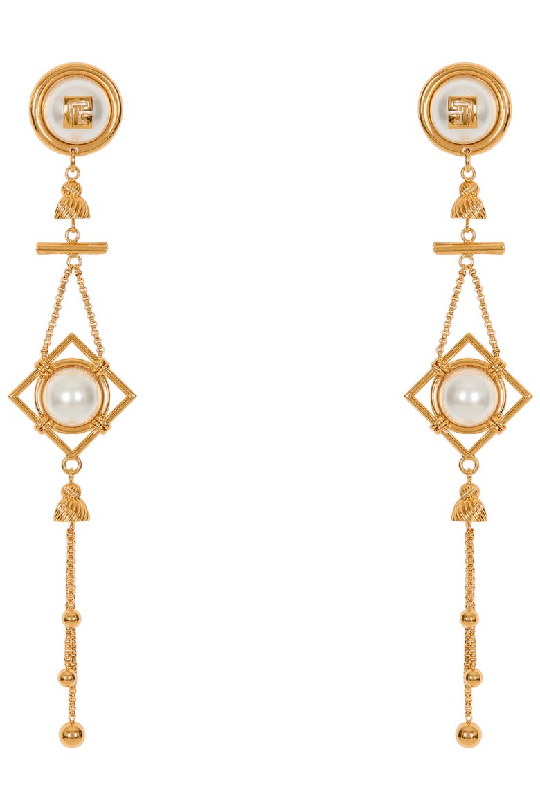 Brass and pearl pendant earrings, Main, color, gold