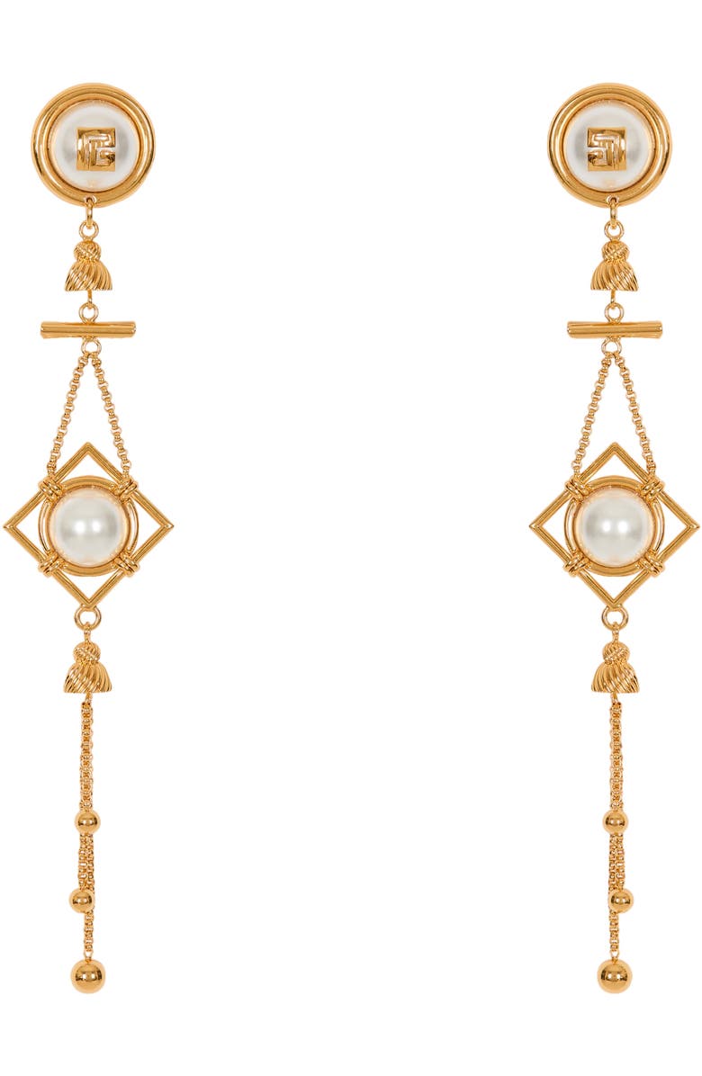 Balmain Brass and pearl pendant earrings, Main, color, Gold