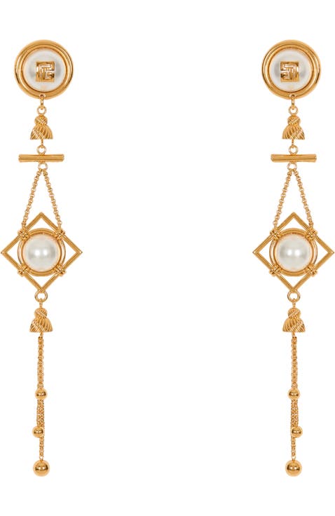 Brass and pearl pendant earrings