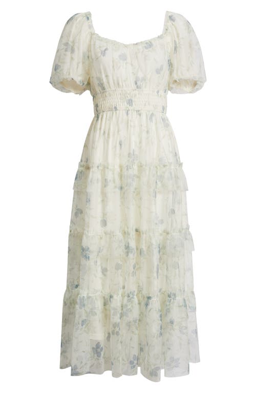 Moon River Floral Short Sleeve Tiered Mesh Midi Dress In Ivory Multi