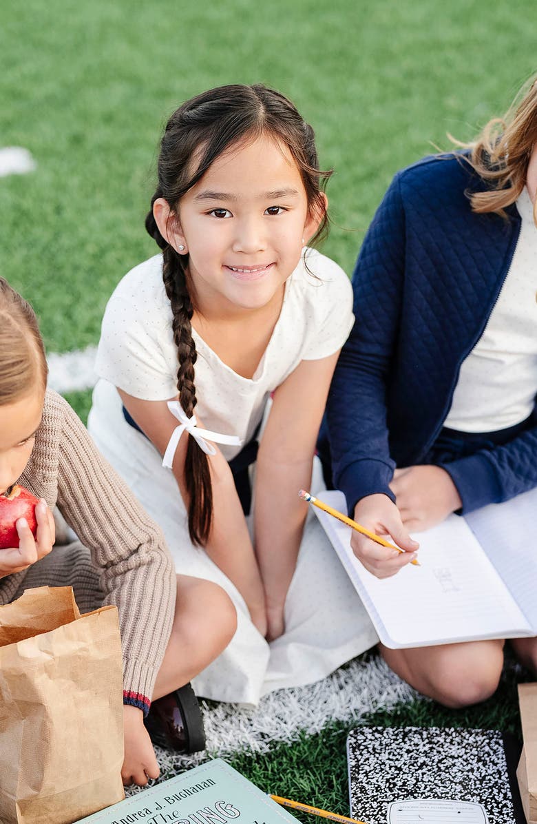 Hope & Henry Kids' Organic Short Sleeve Lightweight Knit Skater Dress, Alternate, color, Soft White Pindot