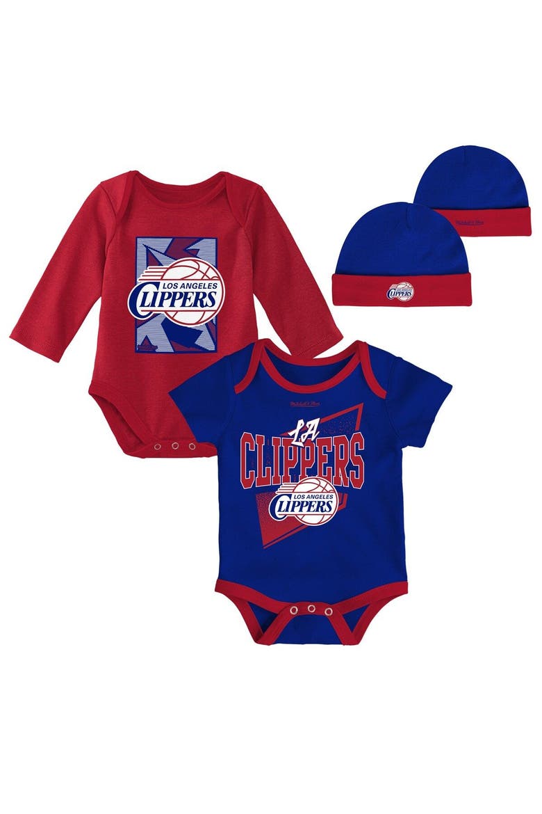 Newborn & Infant Mitchell & Ness Royal/Red LA Clippers 3-Piece Hardwood Classics Bodysuits & Cuffed Knit Hat Set, Main, color, Royal