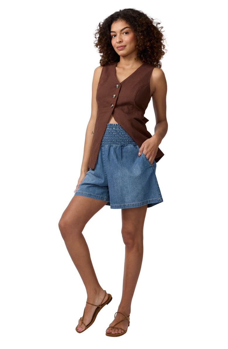 Ingrid & Isabel Smocked Soft Denim Short, Main, color, Medium Wash