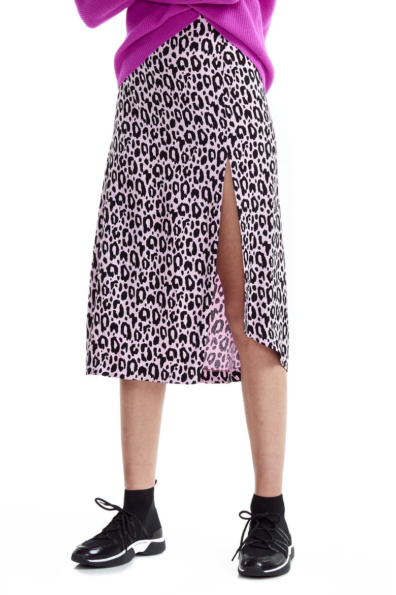 Jipanta Leopard Print Side Slit Skirt, Main, color, PINK