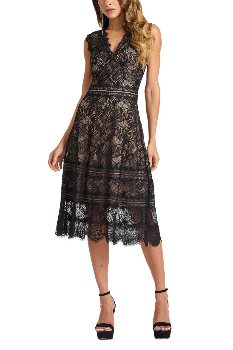 Lace V-Neck A-Line Dress, Main, color, BLACK BEIGE