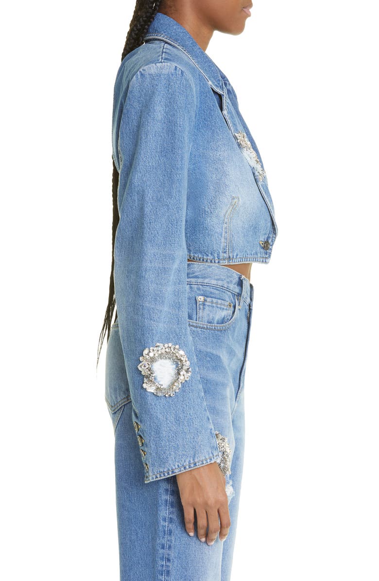 Area Distressed Crystal Detail Crop Denim Blazer, Alternate, color, 