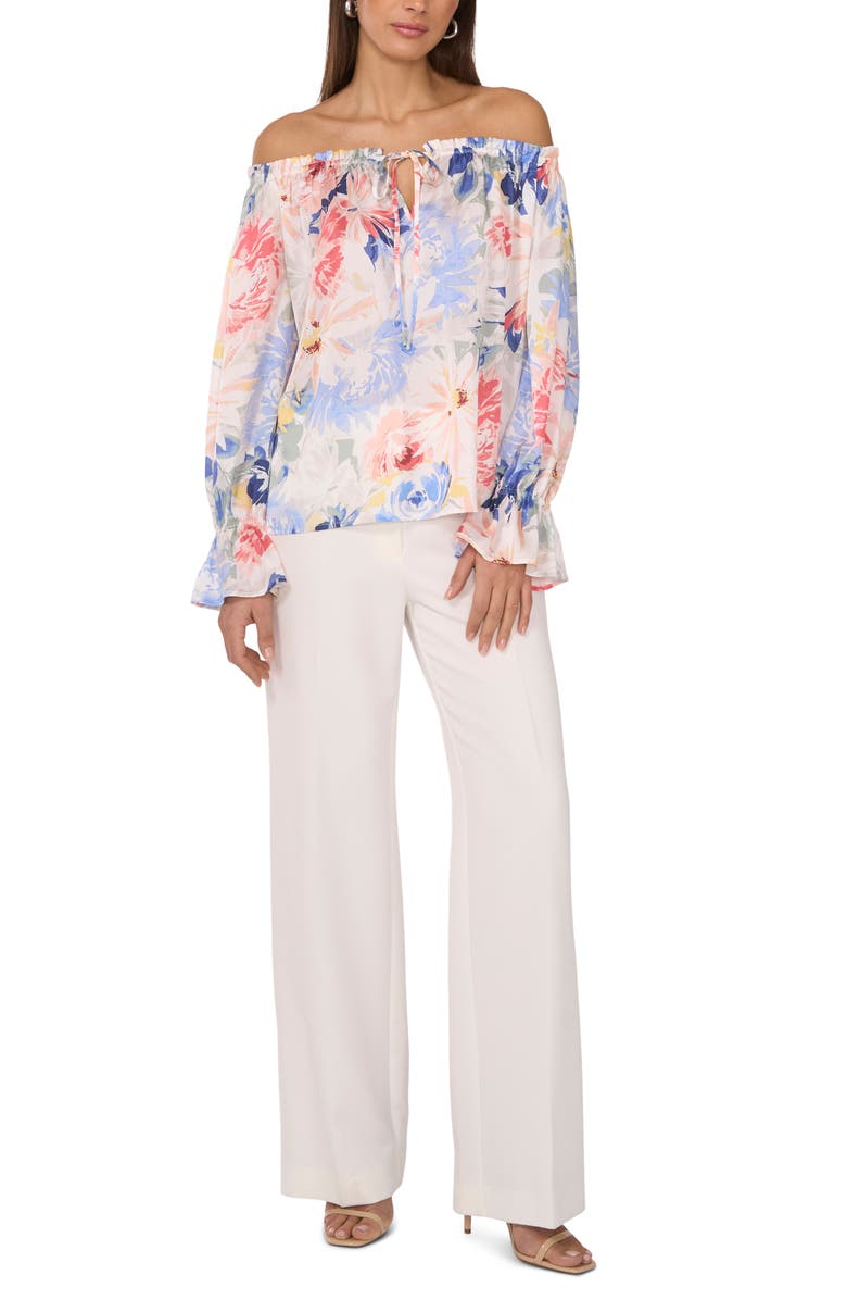 Vince Camuto Floral Keyhole Off the Shoulder Top, Alternate, color, Ultra White