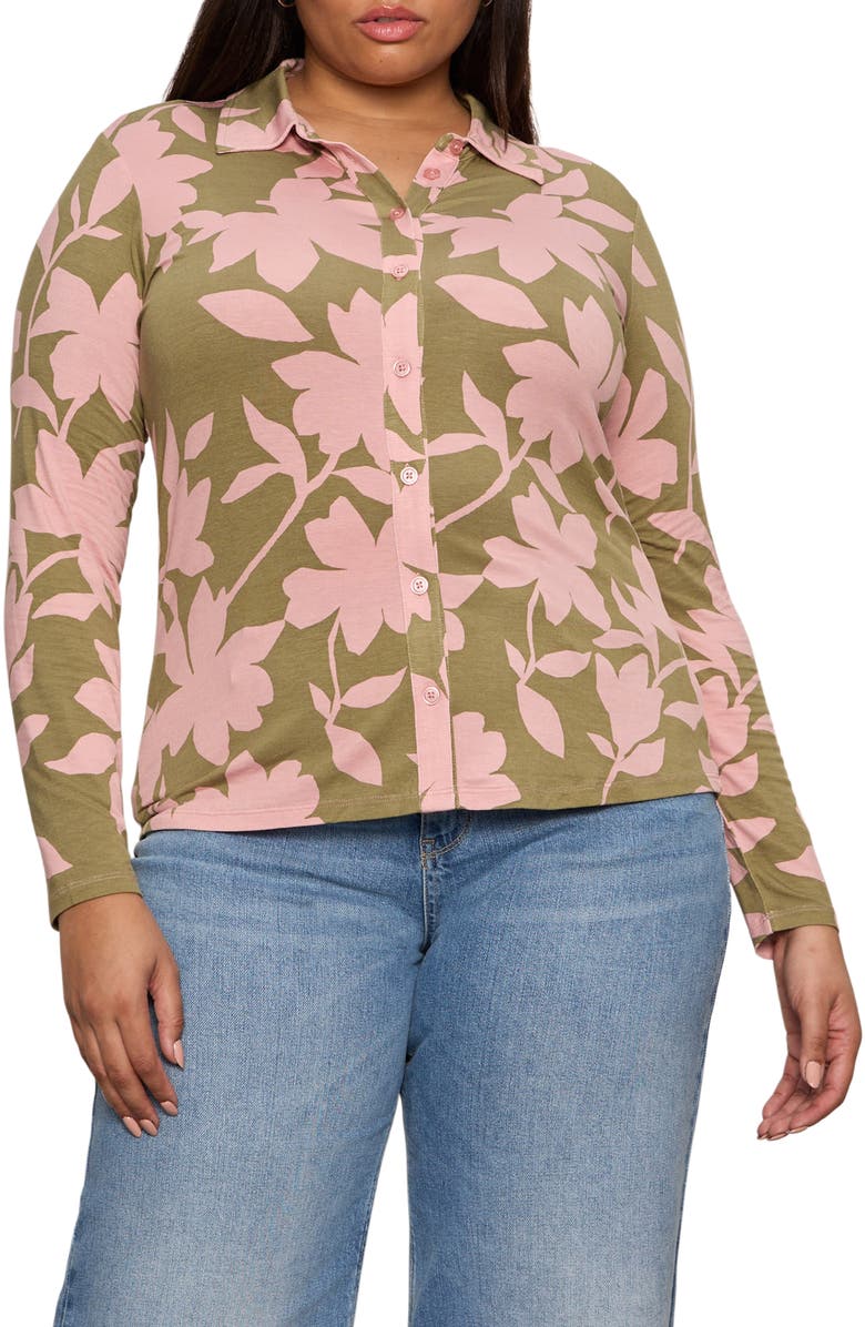 Sanctuary Dreamer Floral Knit Button-Up Shirt, Alternate, color, Pink Silhouette
