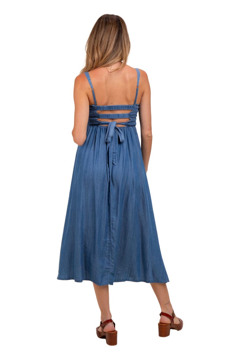 Smocked Chambray Tie Back Cutout Midi Dress, Alternate, color, Blue