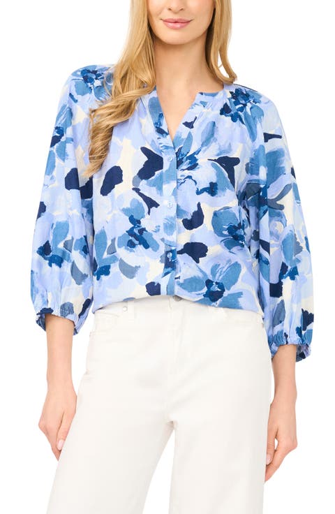Floral Raglan Balloon Sleeve Button-Up Top (Regular & Petite)