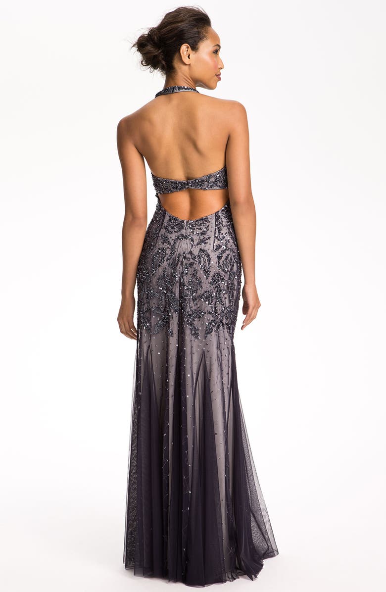 Adrianna Papell Beaded Mesh Halter Gown, Alternate, color, 