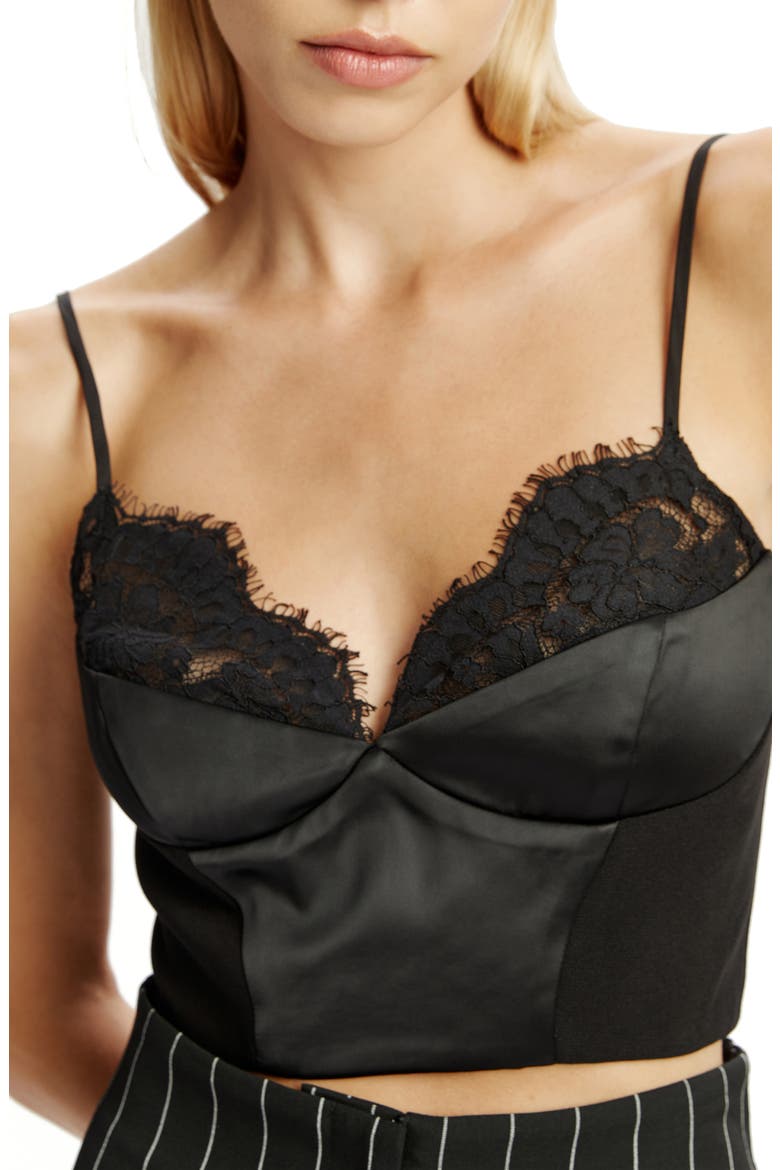 Katana Lace Trim Satin Bustier Crop Top, Alternate, color, BLACK