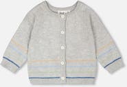 Deux par Deux Boy Cotton Knit Striped Button Front Cardigan