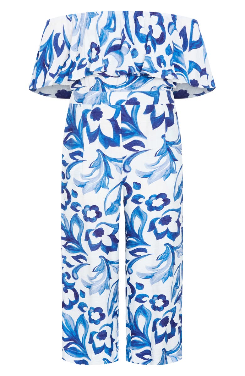 City Chic Off the Shoulder Floral Print Jumpsuit, Alternate, color, Mykonos