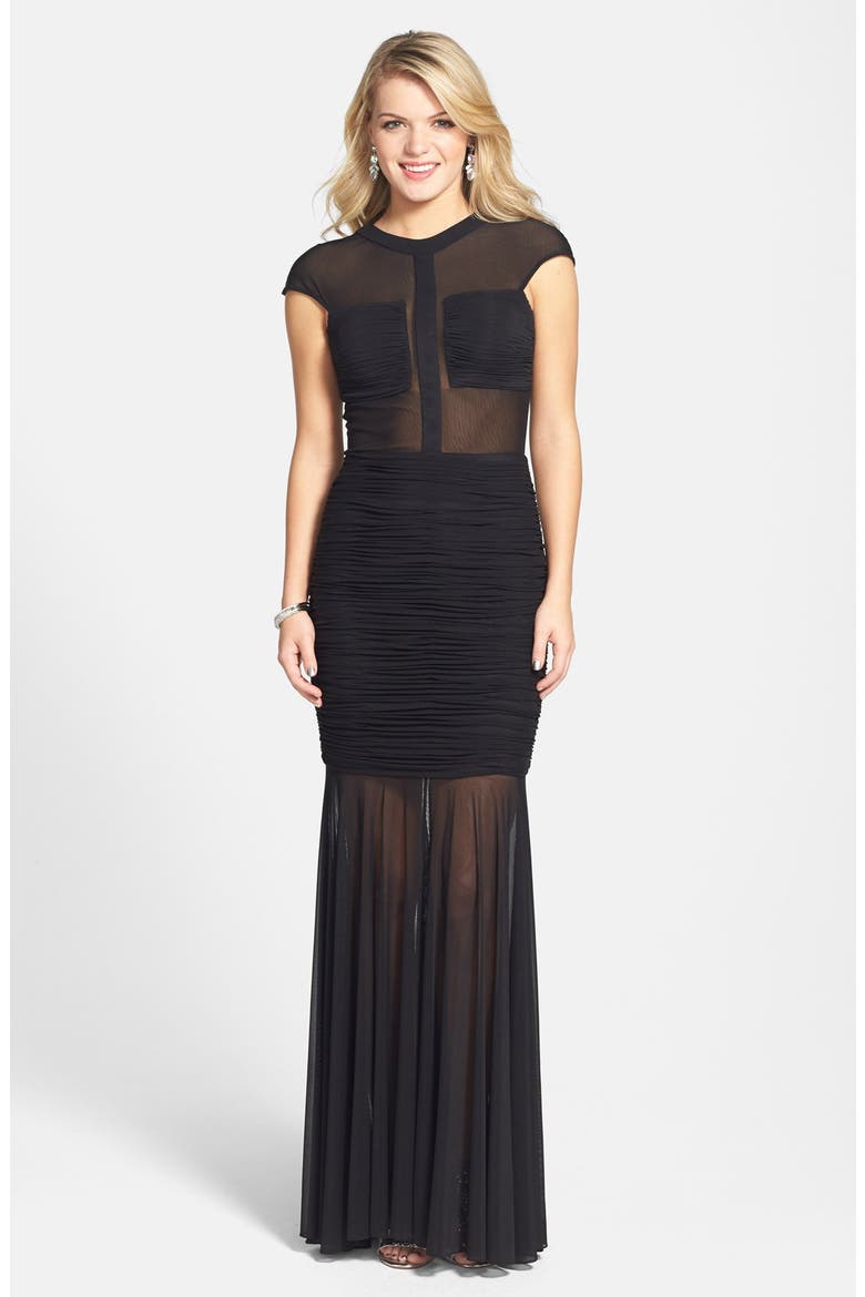 Ruched Sheer Panel Trumpet Gown, Main, color, BLACK