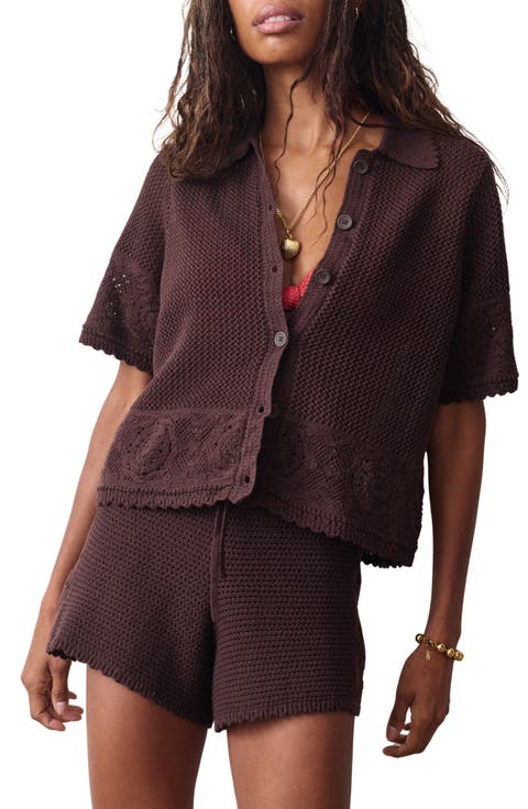 Celtia Mixed Open Stitch Cotton Blend Button-Up Sweater
