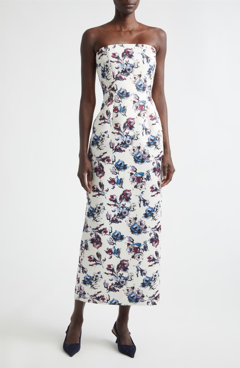 Emilia Wickstead Laelia Floral Strapless Gown, Main, color, Floral Purple/Blue On Ivory