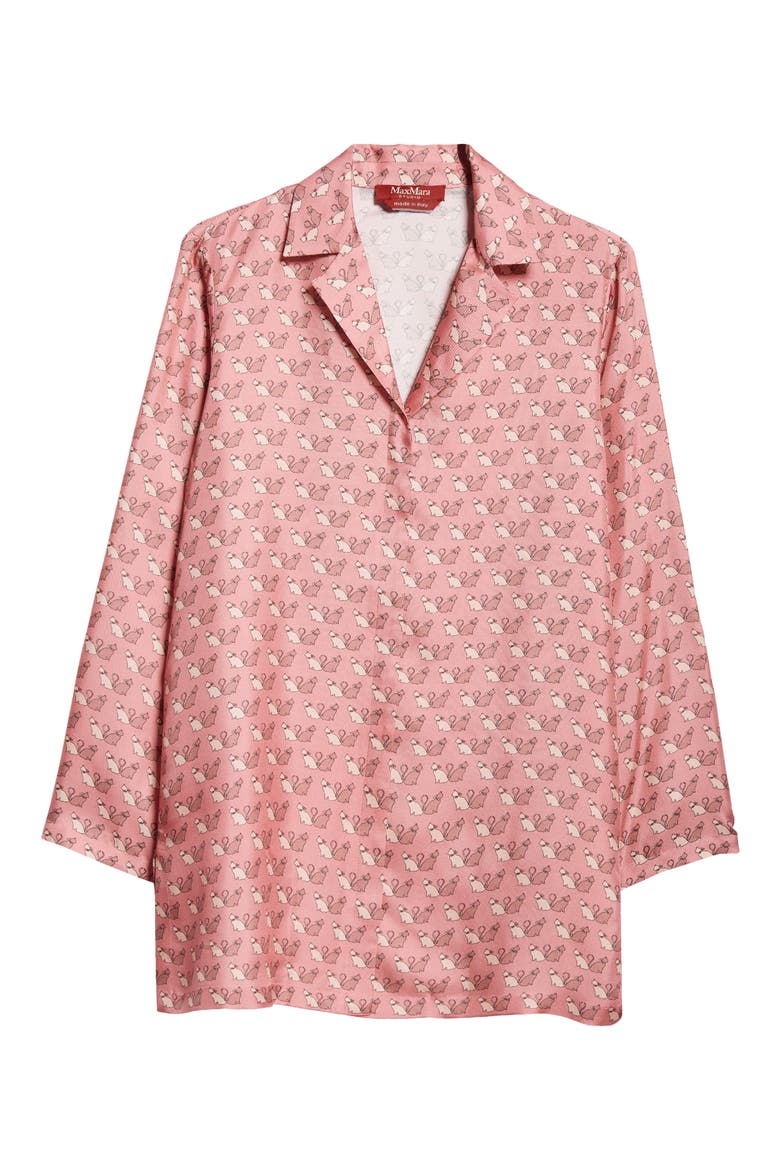 Alpe Kitty Print Silk Twill Button-Up Shirt, Alternate, color, PEONY