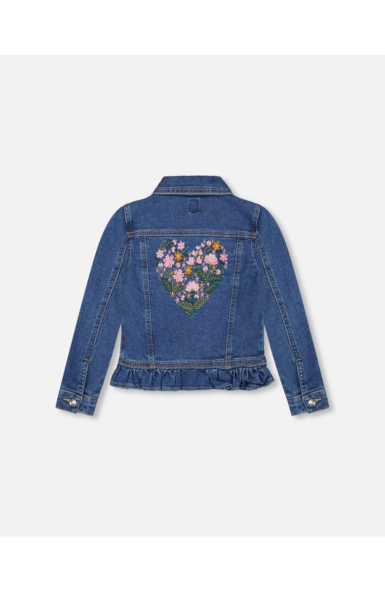 Deux par Deux Denim Jacket with Ruffle Hem and Floral Embroidery, Alternate, color, Blue Denim