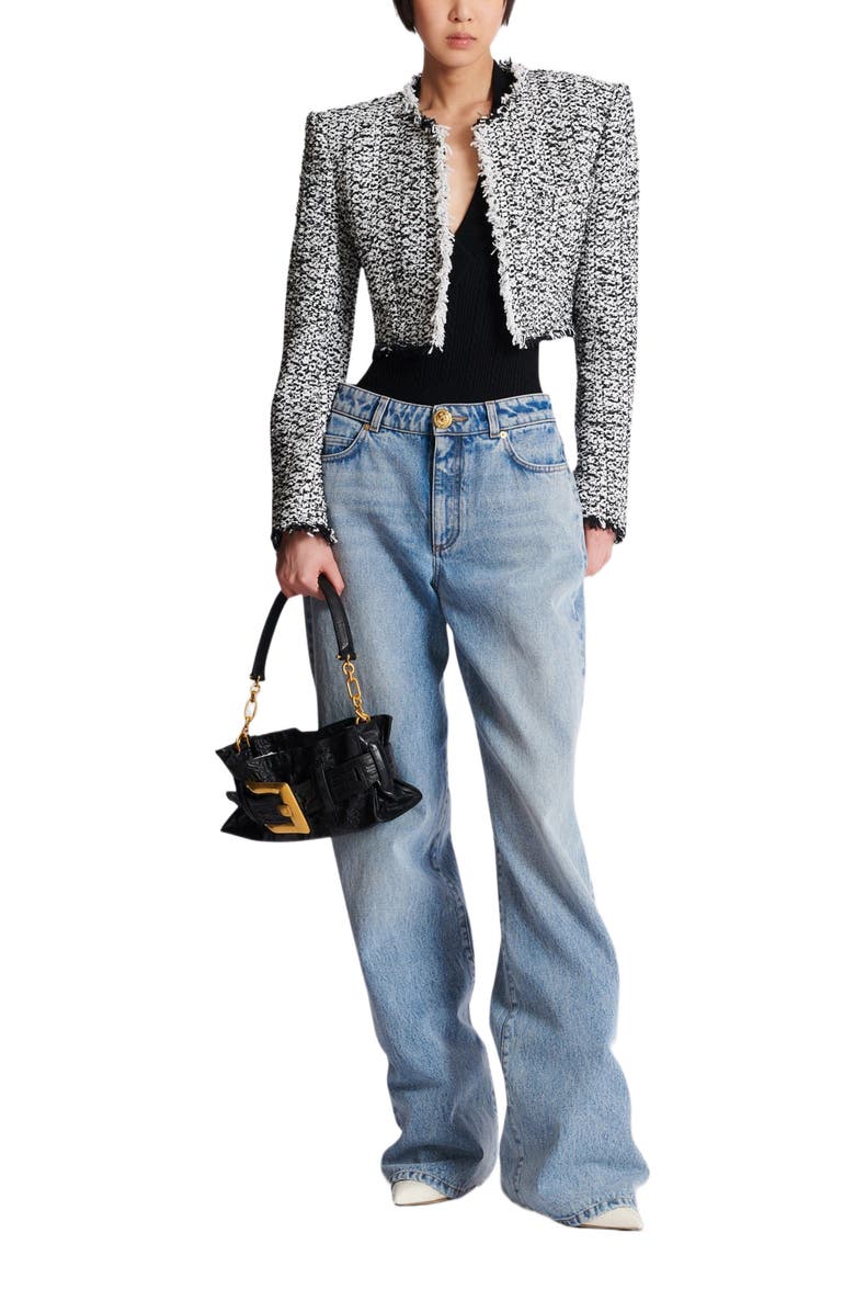 Balmain Cropped Tweed Jacket, Alternate, color, Black