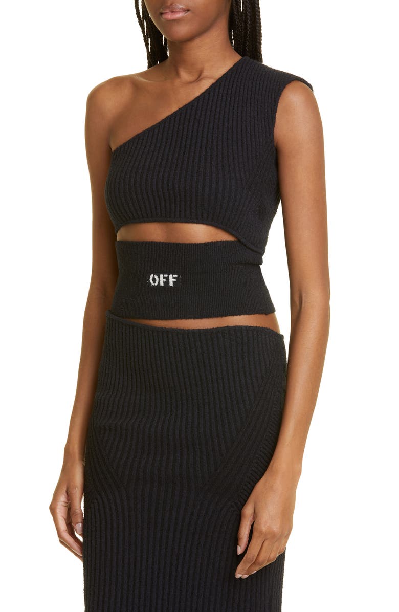 Off-White One-Shoulder Cutout Micro Bouclé Sweater Dress, Alternate, color, 