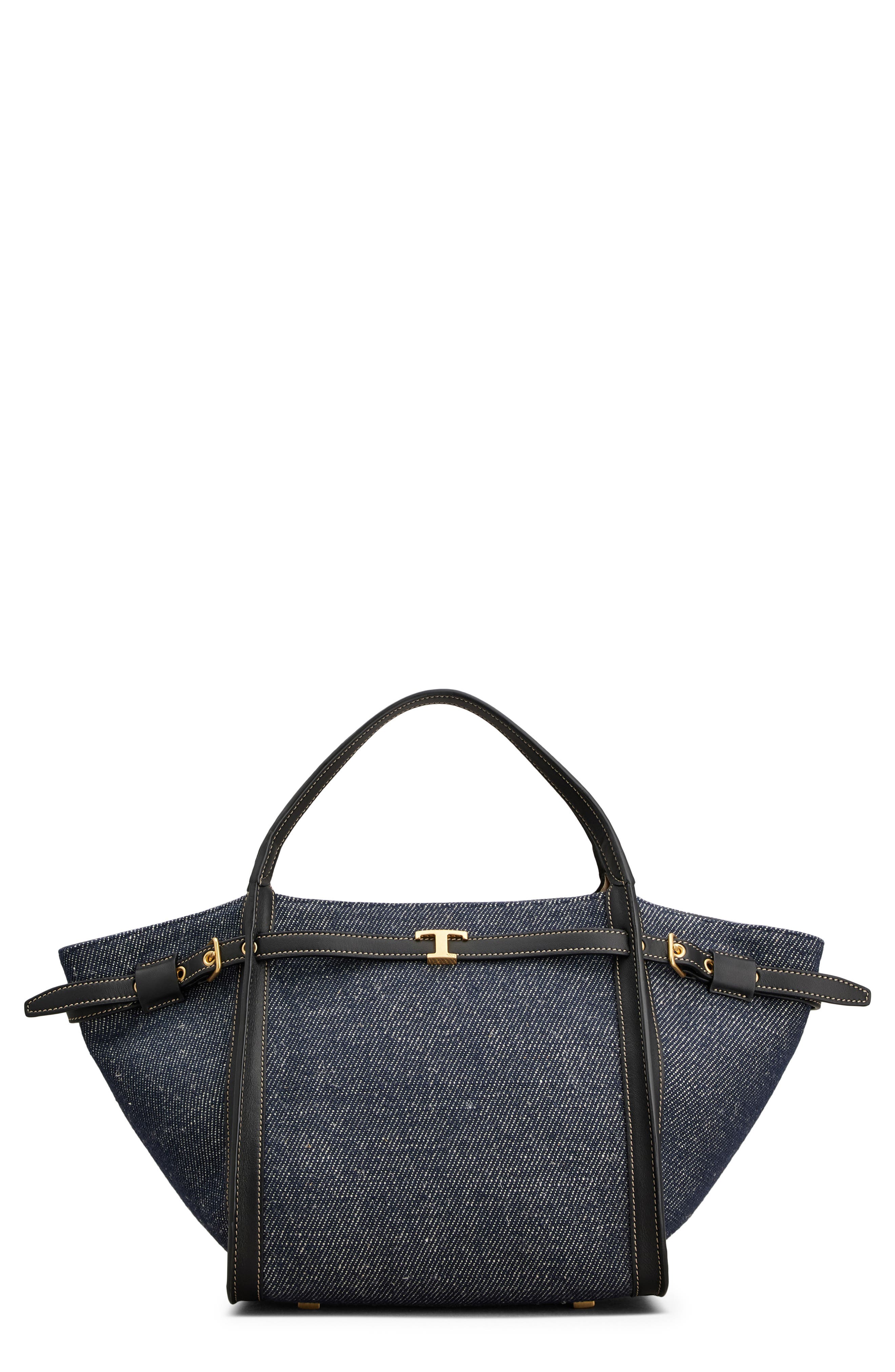 Tod's T Timeless Canvas & Leather Shopping Bag, Main, color, Blu Denim Chiaro/ Nero