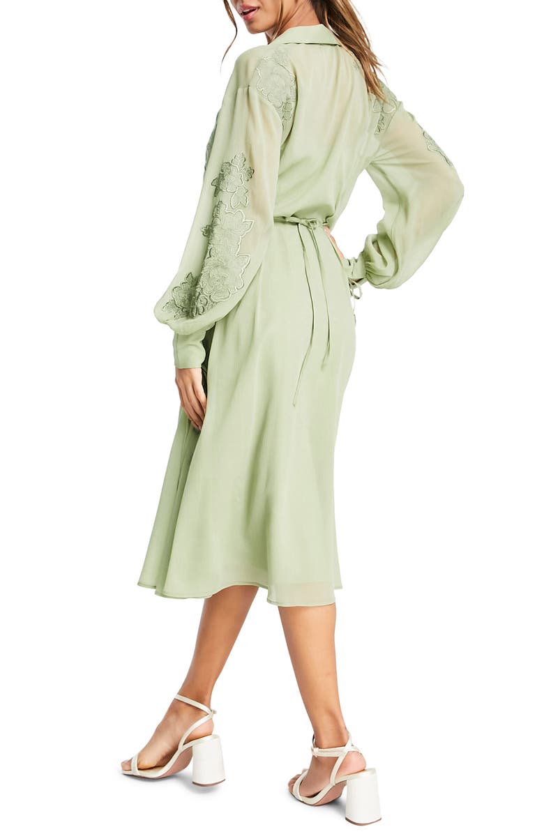 ASOS DESIGN Floral Embroidered Long Sleeve Faux Wrap Midi Dress, Alternate, color, 