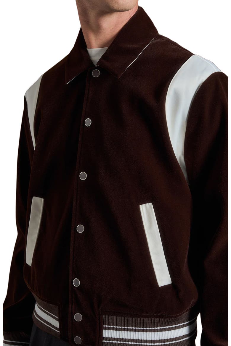 Nico Velvet & Satin Varsity Jacket, Alternate, color, Brown