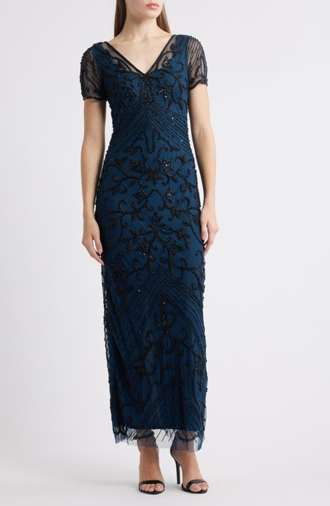 Beaded Mesh Column Gown (Regular & Plus)