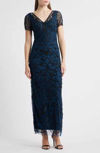 Beaded Mesh Column Gown