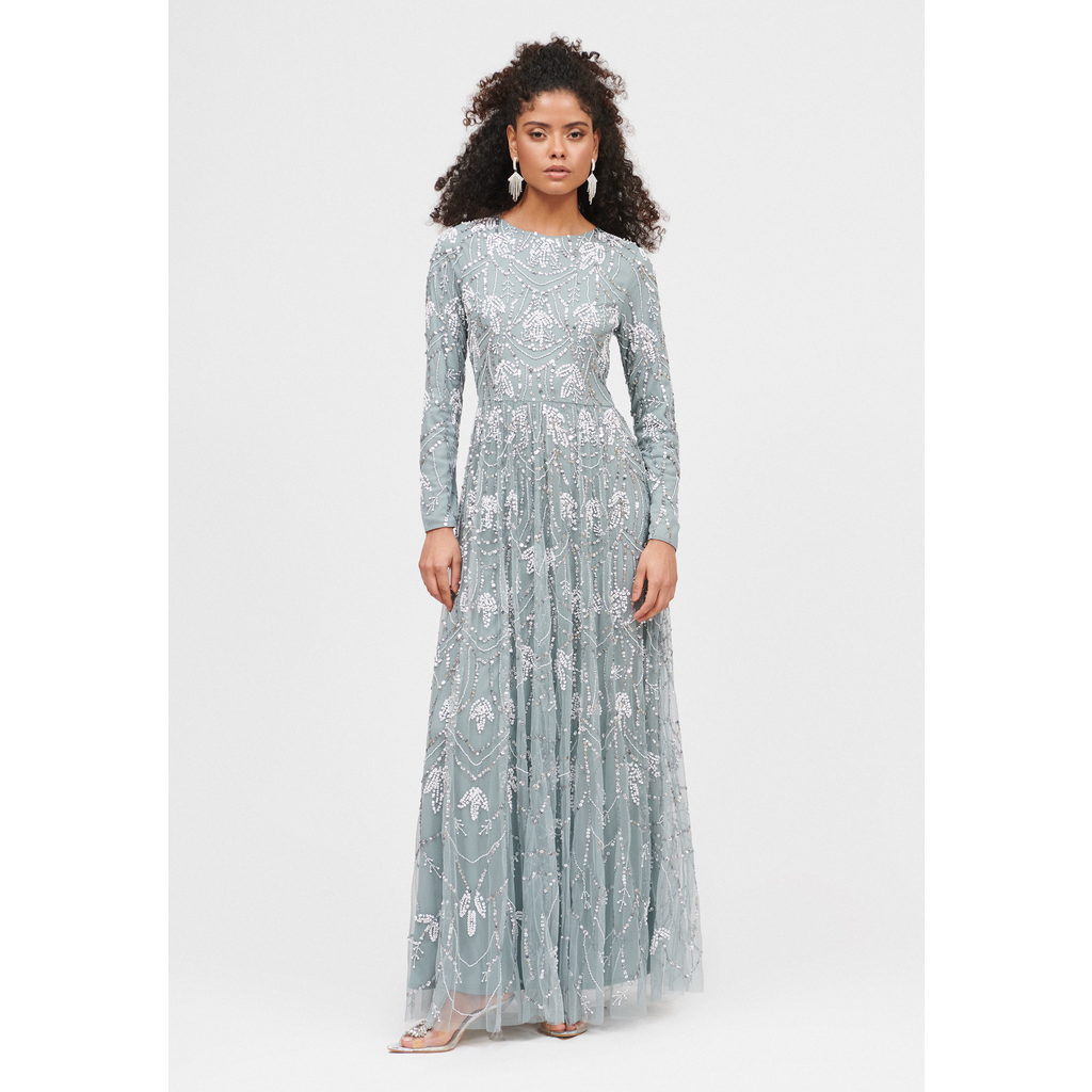 Maryisa Embellished Sequin Beaded Floral A Line Maxi Dress In Misty Grey