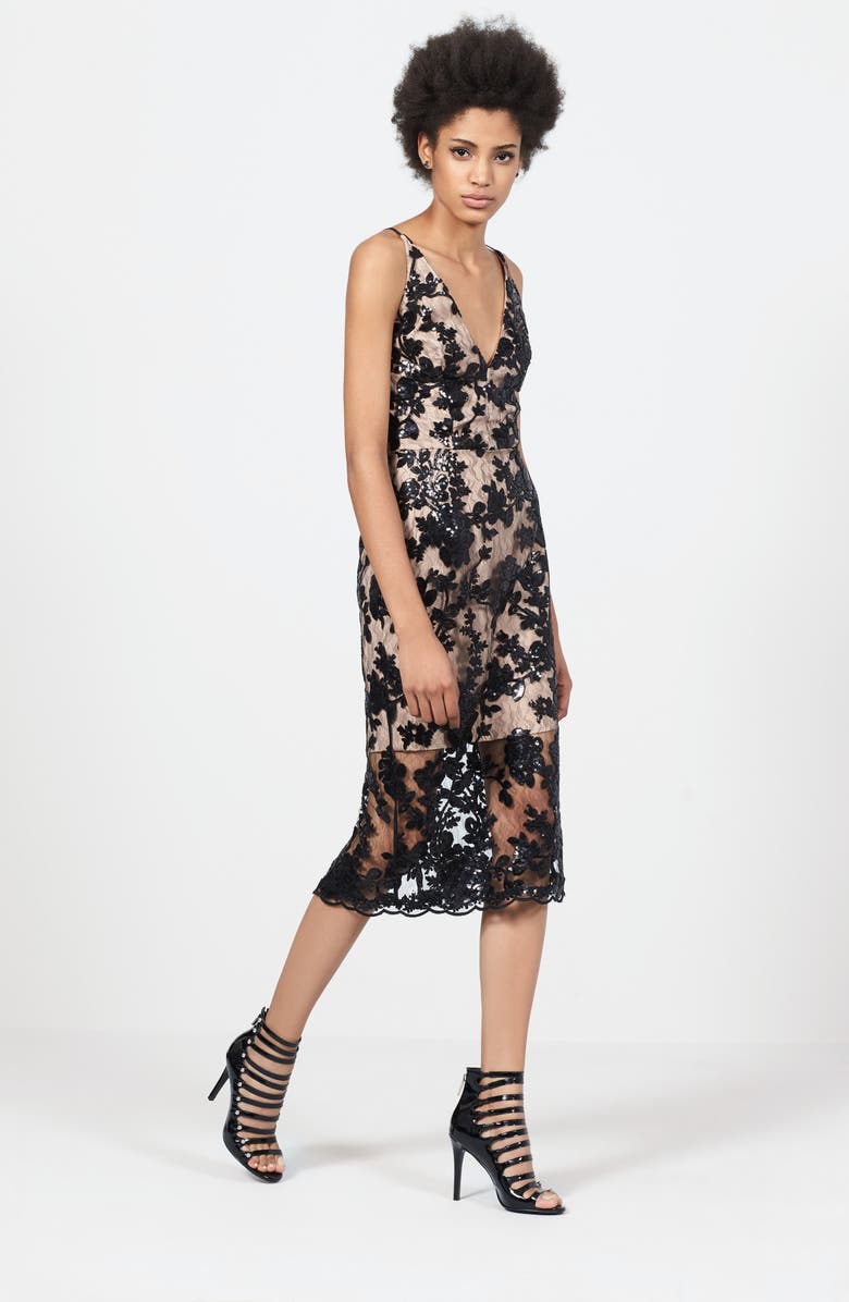 Dress the Population Rebecca Floral Lace Midi Dress, Alternate, color, 