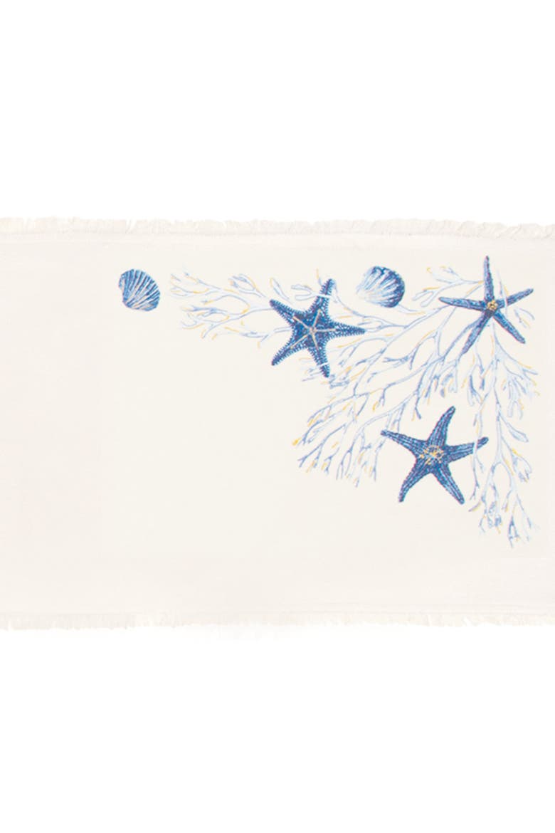 Tidal Treasures Starfish Coral Coastal Embroidered Fringed Table Runner 14" x 72", Alternate, color, Blue
