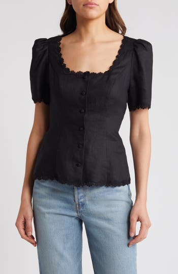 Reformation Anabella Linen Button-up Top In Black