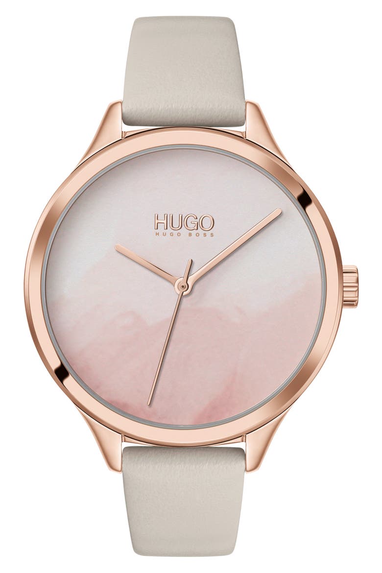 Smash Leather Strap Watch, 36mm, Main, color, GREY/ CARNATION GOLD