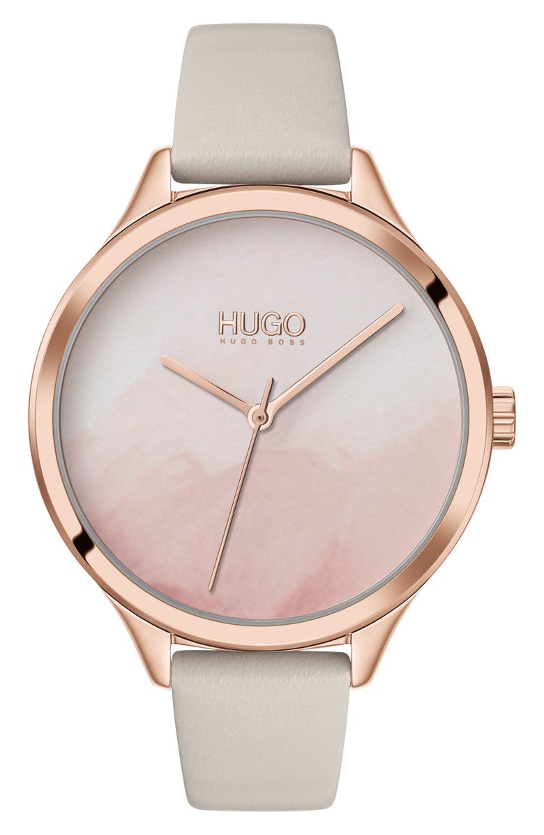 HUGO Smash Leather Strap Watch, 36mm, Main, color,