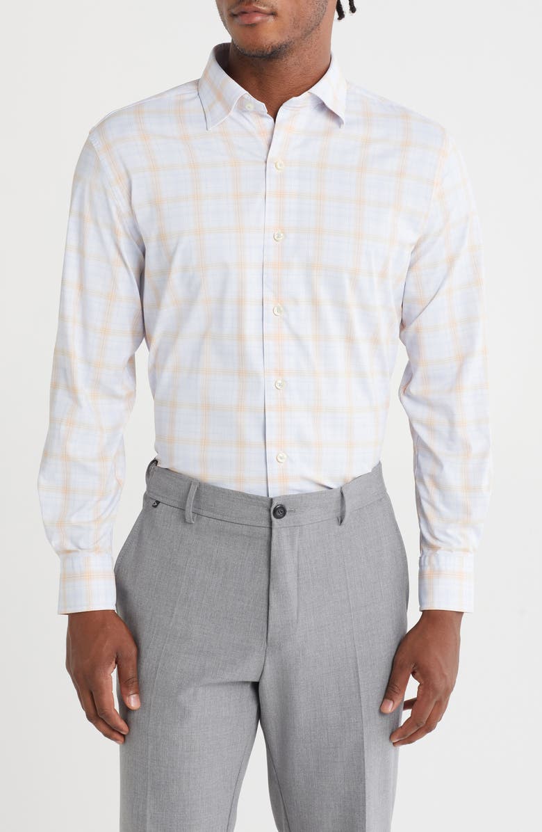 David Donahue Plaid Performance Sport Shirt, Main, color, Sky/ Melon