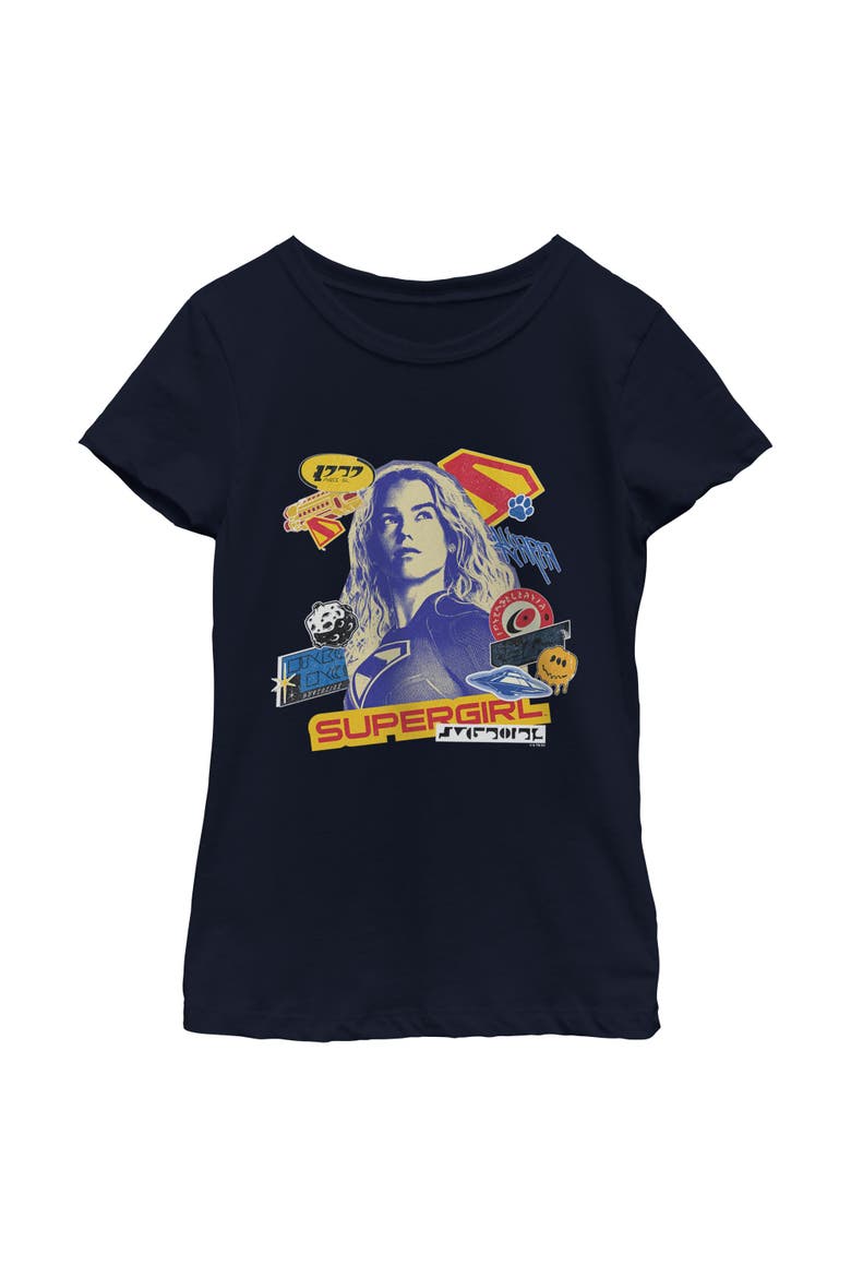 Girl's Supergirl Pop Art Stickers and Badges  Graphic T-Shirt, Main, color, Navy Blue