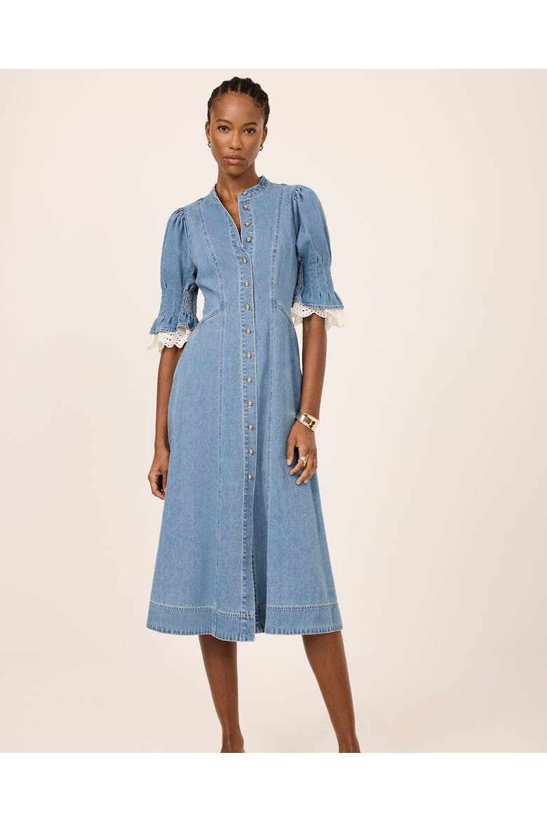 Denim Crochet Trim Midi Dress, Alternate, color, Blue