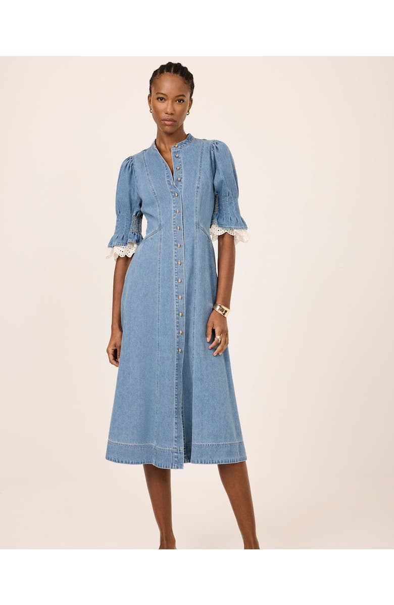 MINT VELVET Denim Crochet Trim Midi Dress, Alternate, color, Blue