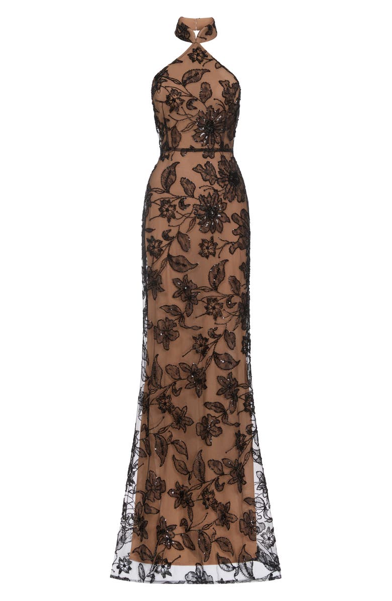 SAU LEE Adelaide Beaded Sheer Detail Gown, Alternate, color, Black