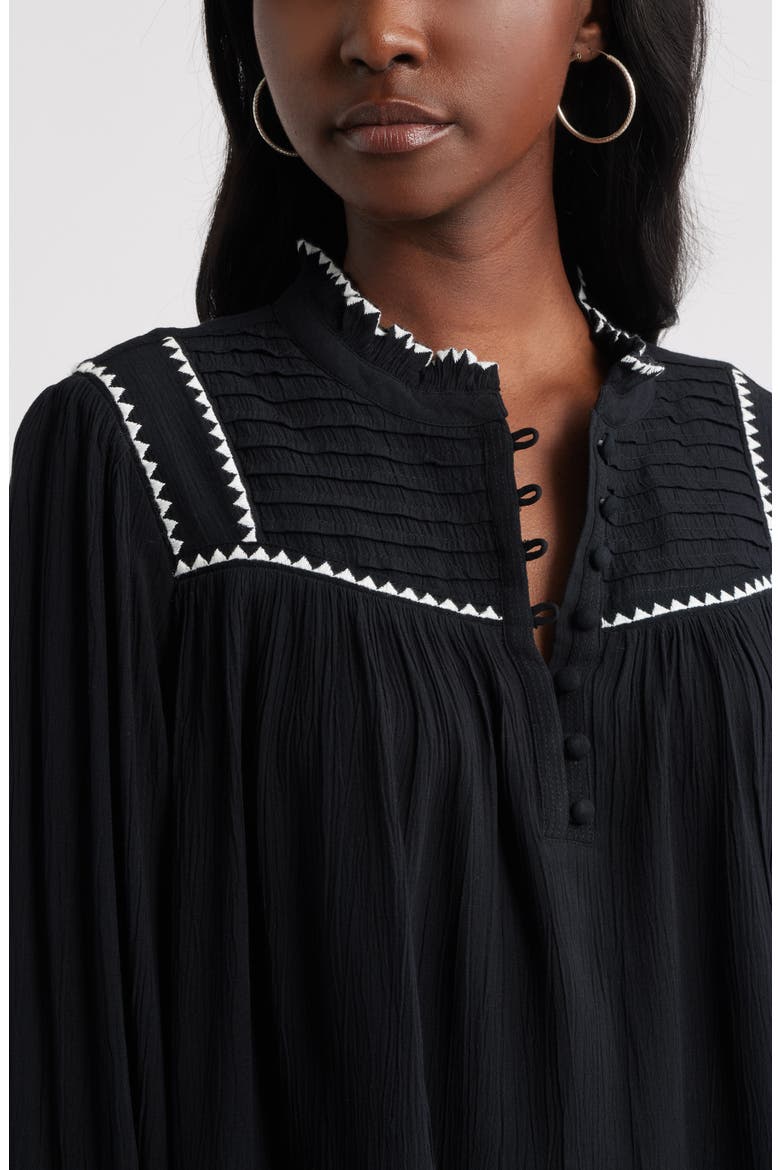 High Neck Embroidered Long Sleeve Top, Alternate, color, BLACK