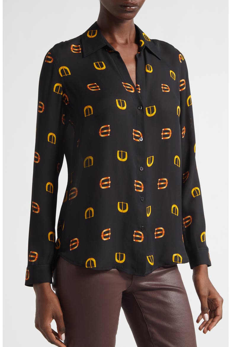 Nina Horsebit Print Silk Button-Up Shirt, Alternate, color, BLACK MULTI CONV BUCKLE