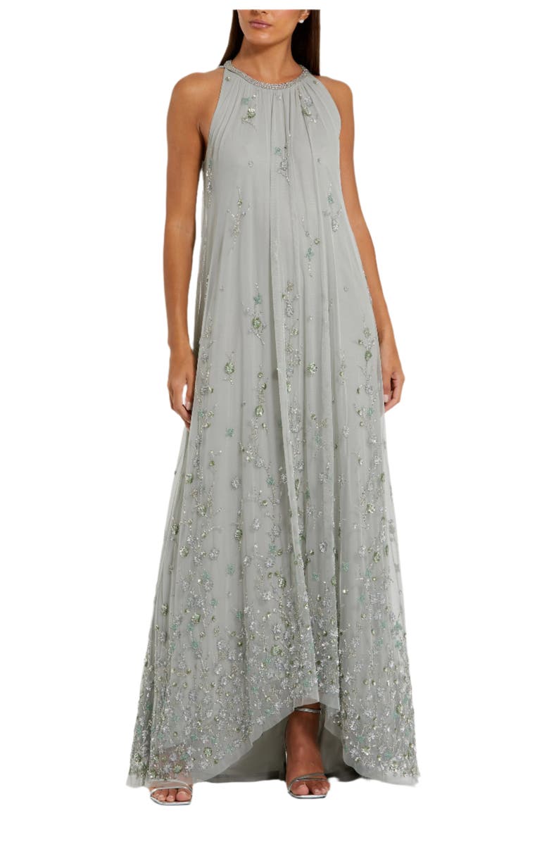 Mac Duggal Women's High Neck Floral Embellished Mesh Trapeze Gown, Main, color, Sage