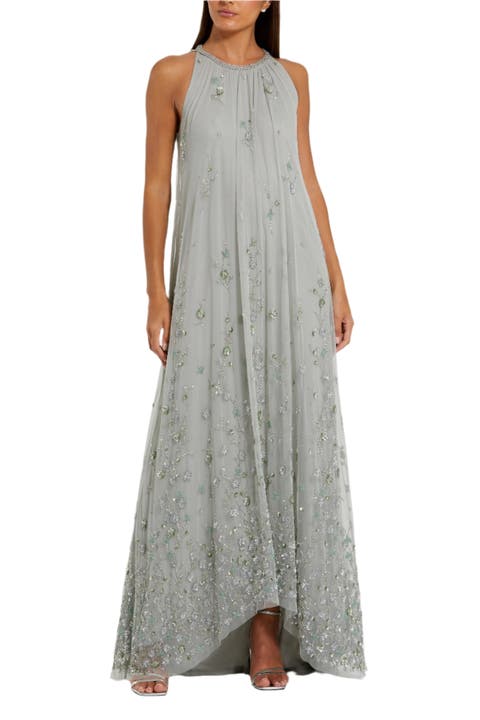 Women's High Neck Floral Embellished Mesh Trapeze Gown