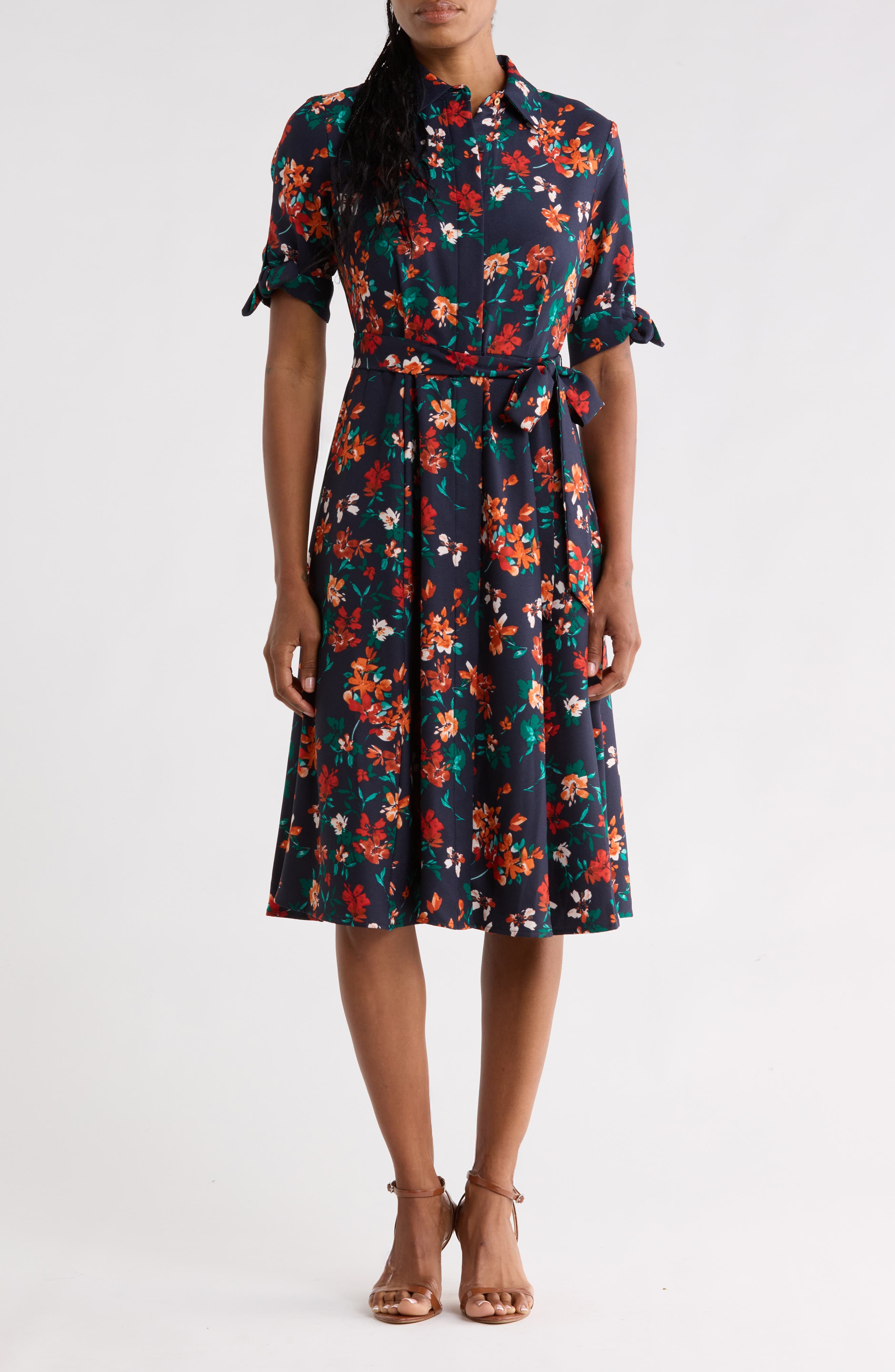 Floral Short Sleeve Tie Waist Shirtdress