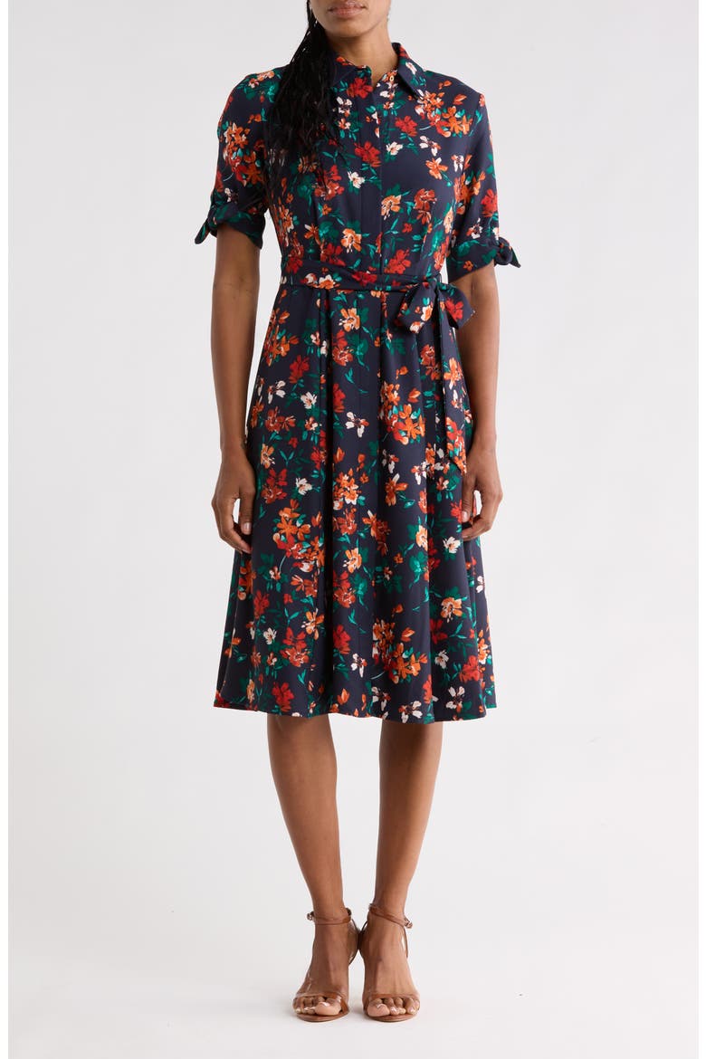 Floral Short Sleeve Tie Waist Shirtdress, Main, color, INDG/ CLAY MULT
