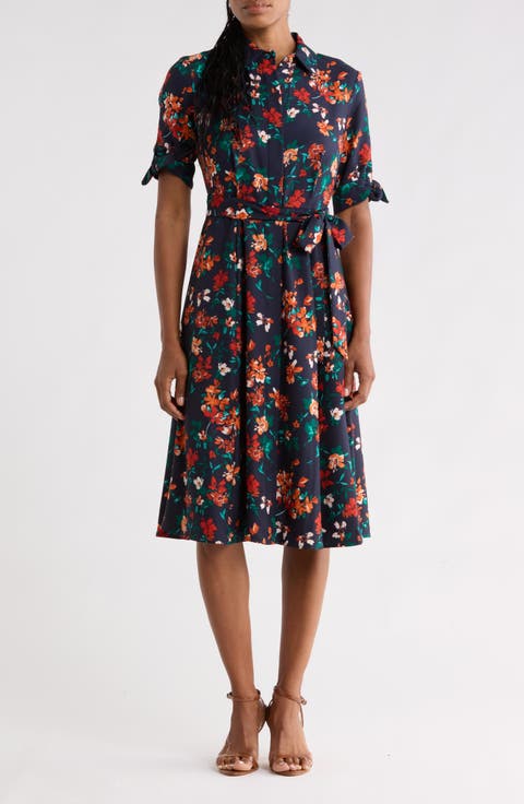 Floral Short Sleeve Tie Waist Shirtdress