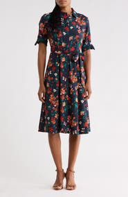 Calvin Klein Floral Short Sleeve Tie Waist Shirtdress